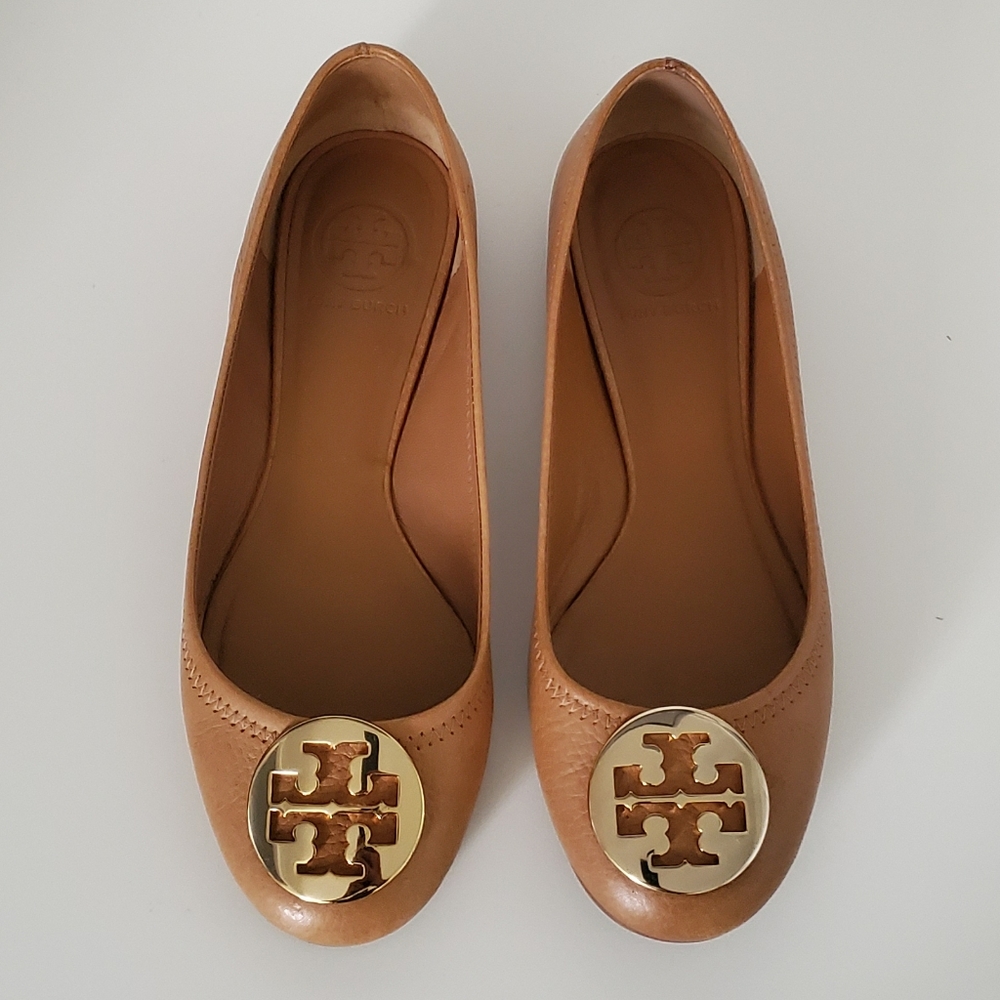 TORY BURCH Ballet Flat, Leather, Tan & Gold